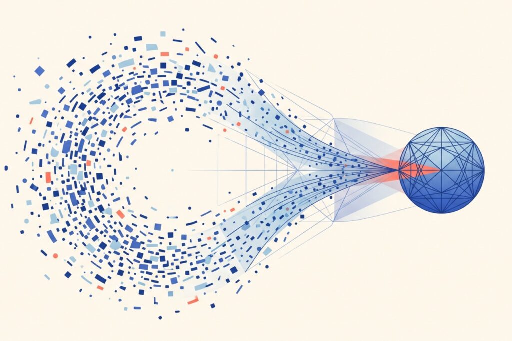 Testo ALT: Illustrazione concettuale su fondo chiaro con un flusso di frammenti geometrici blu che converge verso una sfera di rete definita, simboleggiando la sintesi del rumore informativo in conoscenza
